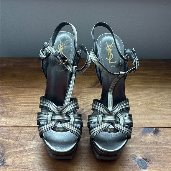 Yves Saint Laurent | Leather Metallic Silver and Gold Tribute Platform Sandals - Picture 4 of 15